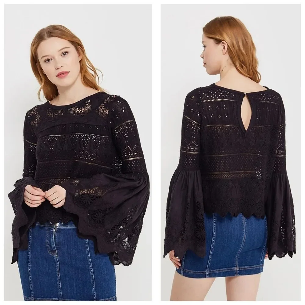 Free People|Once Upon-A-Time Black Bell Sleeve Lace Top, XS